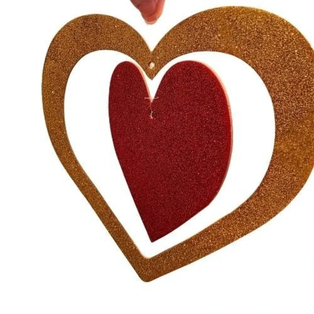 Vintage 90s 2 Glitter Hanging Hearts Valentines Day Decor Red Gold Pink 10x11in